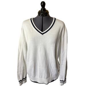 Nautica 100% Cotton Tennis Sweater – White with Blue Stripe V-Neck – Size XL